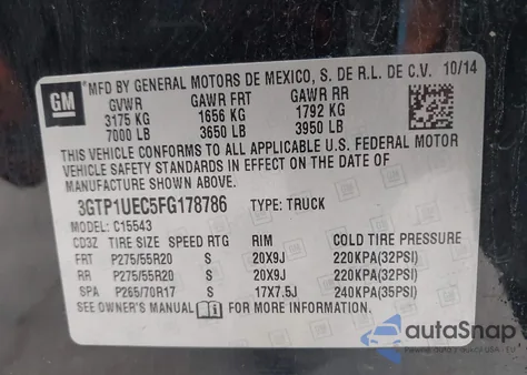 2015 GMC Sierra 1500 Sle z USA, uszkodzony, nr VIN 3GTP1UEC5FG178786